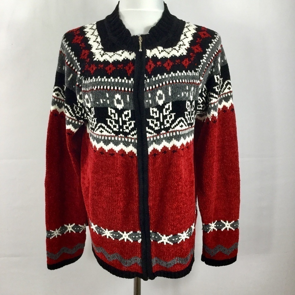 Designers Studio Originals Zip Front Fair Isle Holiday Sweater Cardigan Size XL